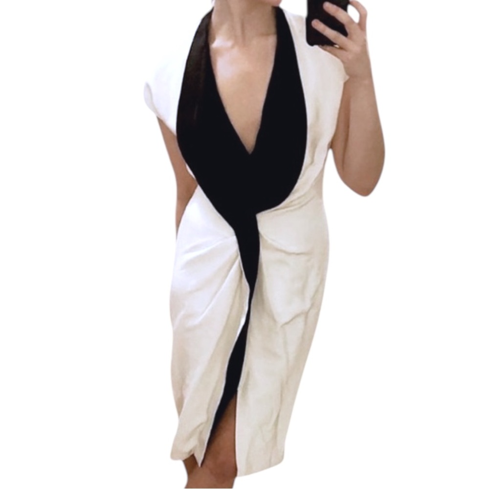 NWOT Givenchy Podium White Black Deep Plunge Midi Sheath Cocktail Dress • 38 / 6